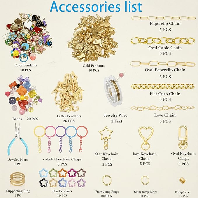 ValorTiger DIYJewelry Making, 364 PCS Bag Charm Set with 156 Charms, 150 Jump Rings, 25 Extender Chains, 20 Keychains, 10 Crimp Tubes, 3-Inch Beading Wire, Support Ring & Jewelry Pliers(for Parents)
