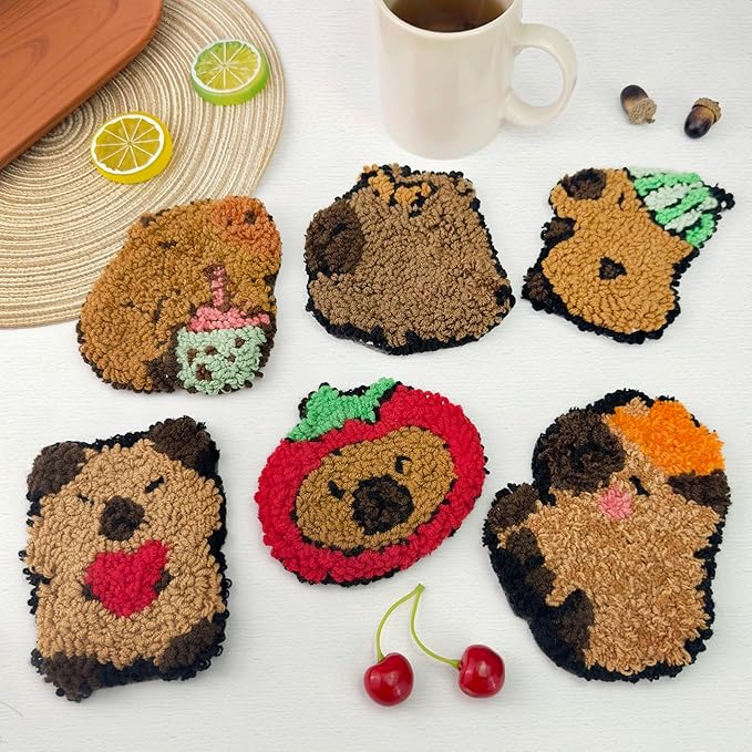 6pcs Capybara Punch Needle Coasters Kit for Beginners, Easy Art Work Embroidery Kit Latch Hook Kits for Adults, DIY Rug tufting kit with Adhesive Felt Yarns Hoop Instruction