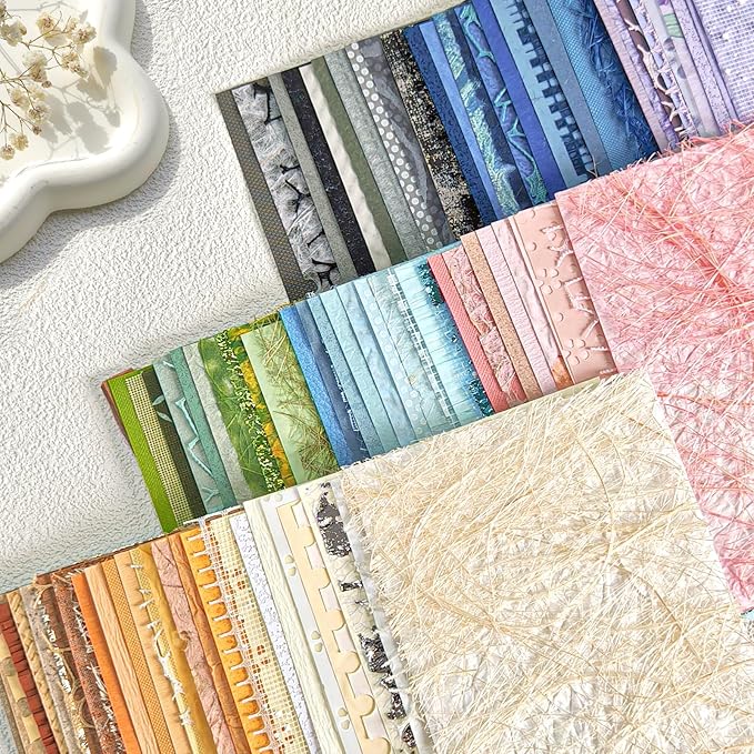 108 Sheets Unique Textured Scrapbook Paper and Mesh Fabric Set - 9 Pack No Repeat Special Paper Assorted Mixed for Scrapbooking Planner Junk Journal Supplies Media Collage Card 3.9x5.5 Inch