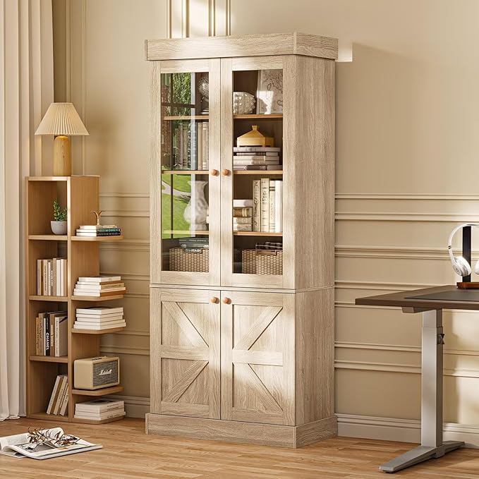 Vyre 71" Tall Farmhouse Bookshelves with Glass Doors and Drawers, Large Modular Bookcase with Adjustable Shelves, Rustic Storage Cabinet for Living Room and Kitchen, Set of 4, Brown