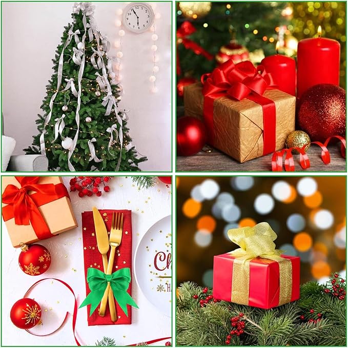 DECYOOL 4 Rolls 100 Yards Christmas Ribbons Metallic Glitter Fabric Holiday Festival Satin Ribbons 1Inch Wide for Gift Wrapping Decoration