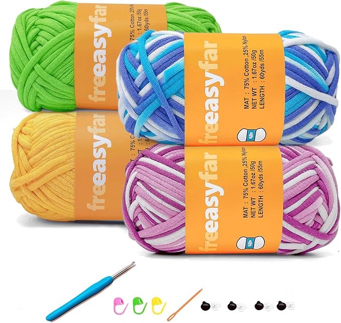 4x50g Beginner Crochet Yarn for Crocheting and Knitting; Beginner Easy Yarn kit with Tool Set (Azure Waves+Lavender Dreams+Green+Yellow, 4 Skein)