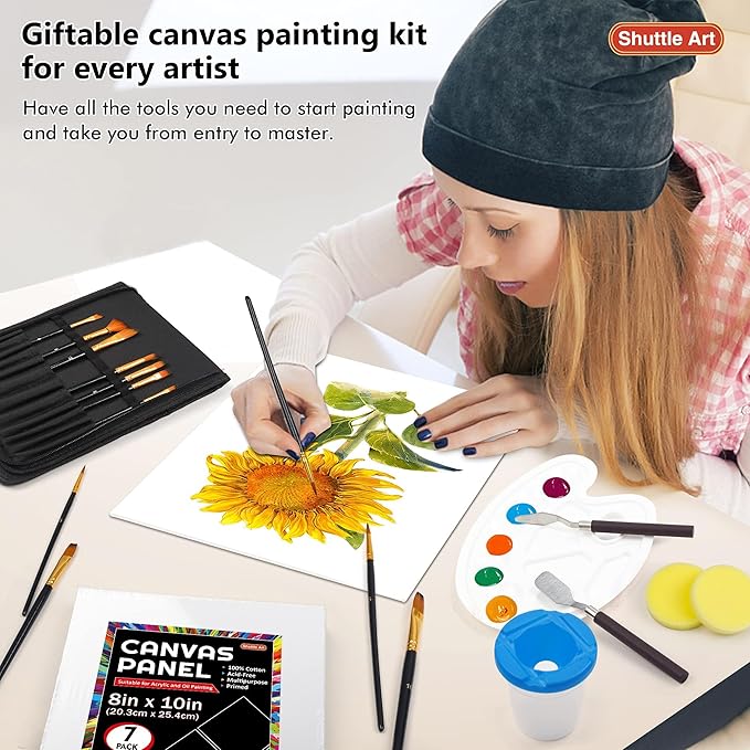 50 Pack Canvas Painting Kit, Shuttle Art Painting Supplies with 28 Multi Sizes Canvas Boards for Painting and 22 Tools including Paint Brushes, Palette, Painting Knives for Acrylic, Oil, Gouache Paint