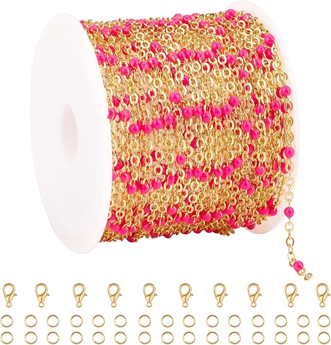 16.4 Feet Gold Plated Chains for Jewelry Making Rose Beaded Stainless Steel Chain Spool Cross Cable Link Chains Bulk with Lobster Clasps and Jump Rings