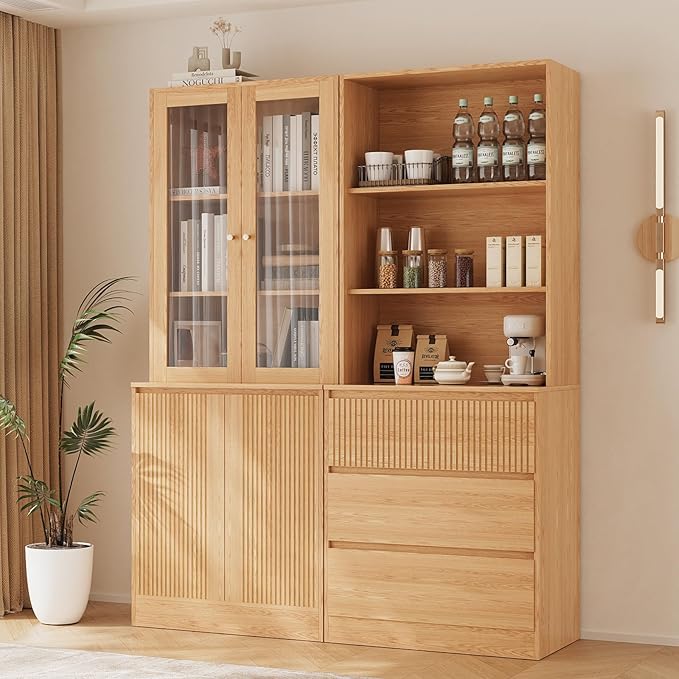 TUSY 71'' Freestanding Tall Storage Cabinet, 5 Tier Wood Bookcase with 3 Drawers and 2 Tempered Glass Doors (AB)