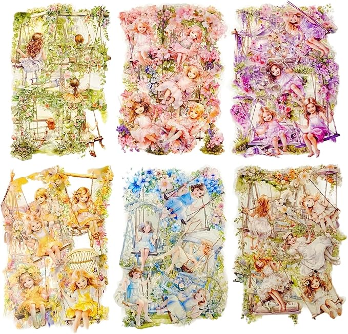 TIAMECH Swing Flower Girl PET Stickers - 60 Pcs Gentle Breeze & Chair Basket Swaying Design, Waterproof Sticker for Journaling & Scrapbooking, Junk Journal Supplies, Ephemera & DIY Crafts