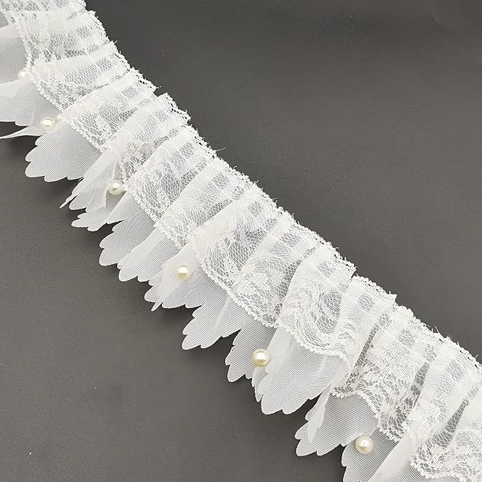 3 Yards White Pleated Lace Chiffon Fabric Elastic Lace Trim for Wedding Bridal Dress Decoration DIY Sewing Clothing Decoration, 2 Inch