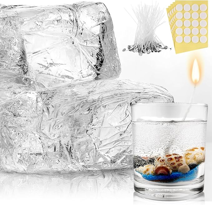 Heigble 9.9 lb High Density Transparent Gel Candle Wax Clear Gel Wax Jelly Candle 100 Pcs Wick and 100 Pcs Wick Stickers for DIY Making Handmade Projects Material Supplies