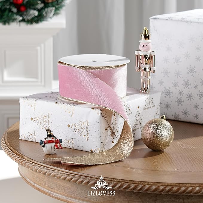 Pink Velvet Wired Ribbon with Glitter Back 2.5 Inch Pink and Gold Christmas Ribbon Wired Ribbon for Christmas Tree, Gift Wrapping, Mantel, Wreaths Supplies, Topper Bows (10 Yards)