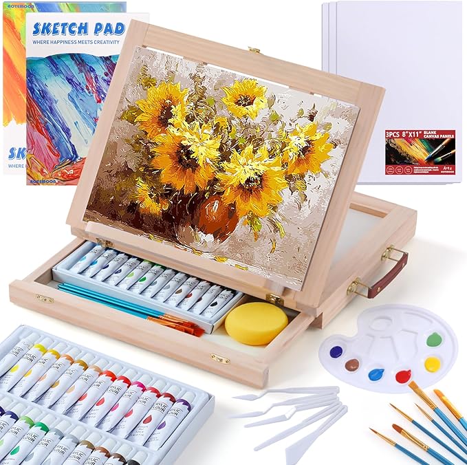 Wooden Tabletop Art Easel Set for Painting, 54 Pieces Starter Acrylic Paint Set with 24 Colors Acrylic Paints, Canvases, Sketch Pads, Brushes and Palette for Beginners Young Artists and Adults