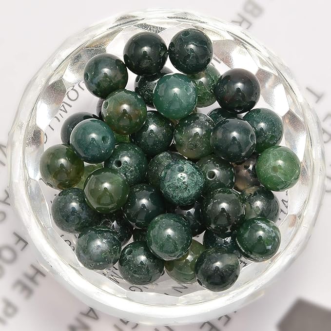 NCB 100PCS 8mm Natural Green Moss Agate Gemstone Round Loose Stone Spacer Beads for Jewelry Making with Crystal Stretch Cord (Green Moss Agate, 100Beads)