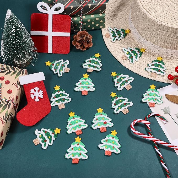 20Pcs Crochet Christmas Tree Appliques Handmade Crochet Colorful Christmas Tree Sweater Decorations for Decor Holiday Party Home Office DIY Accessories