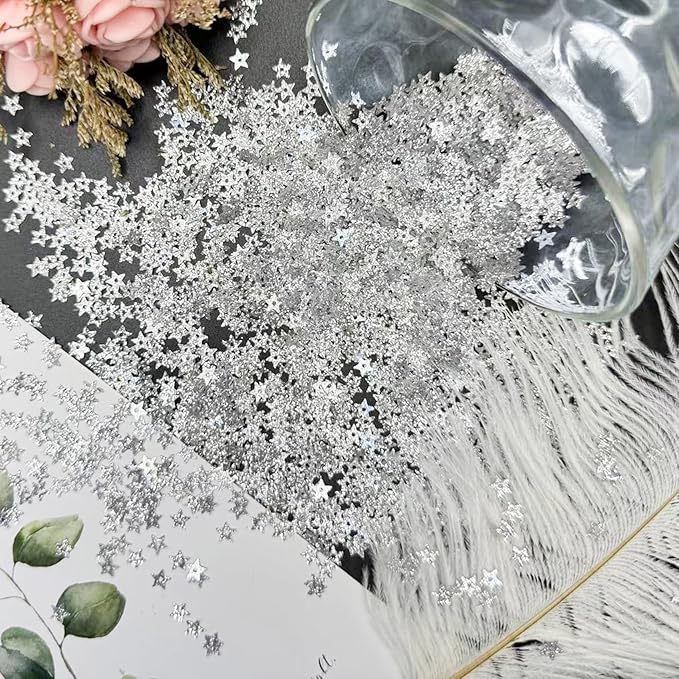 10 Grams 5mm/0.2" Glitter Silver Tiny Star Sew on Sequins Mini Hollow Star Sequins Embroidery Small Sequin with Holes DIY Loose Sequin for Sewing Dolls Jewelry Making Crafts