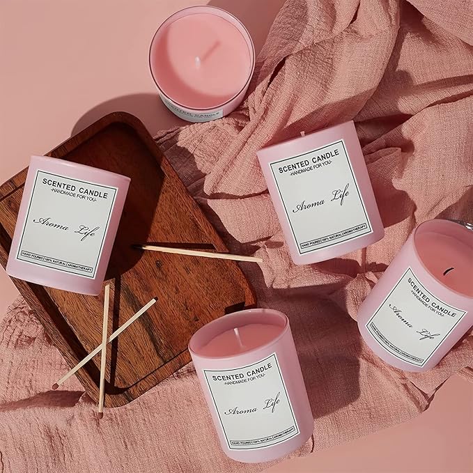 Creahaus 10oz, 16 Pack Thick Candle Jars with Bamboo Lids for Making Candles, Bulk Pink Empty Glass Candle Containers & Sticky Labels, Warming Labels Kit, Heat Resistant Candle Vessels