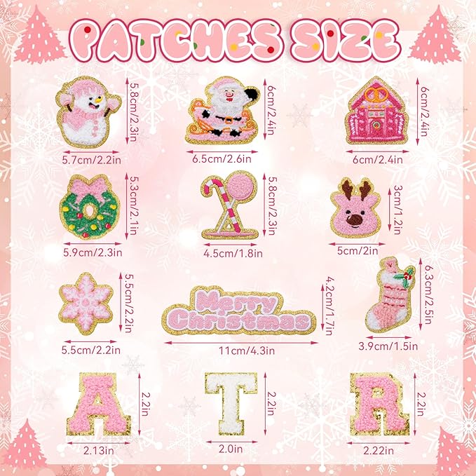 72 Pcs Pink Christmas Patches Chenille Christmas Letter Patches Self Adhesive Embroidered,Include 52 A-Z Letters Stick on Patch,20 Winter Cute Snowman Wreath Snowflake Stickers for Backpacks