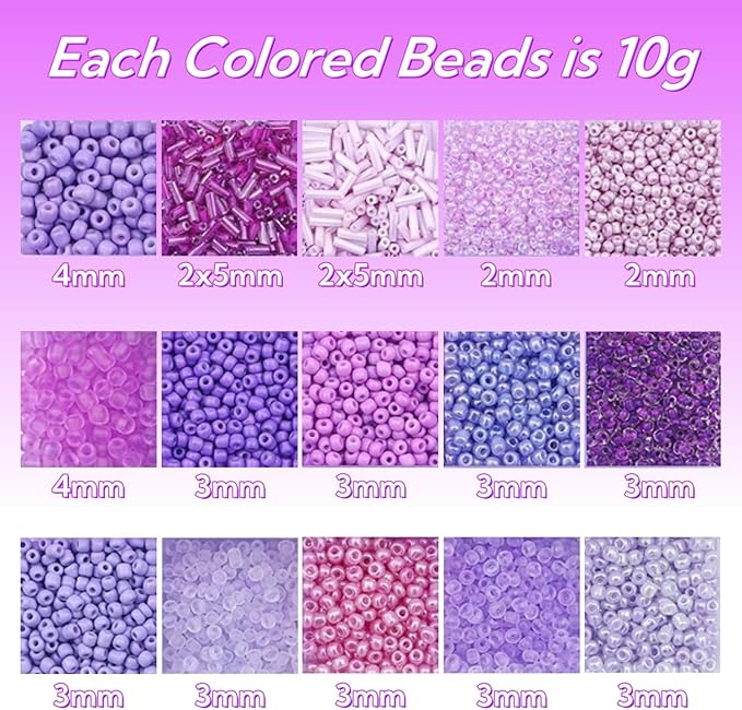 15 Color 4mm Small Assorted Glass Seed Beads,3mm Bugle Beads Friendship Bracelet Kit,2mm Tiny Tube Bead for Jewelry Making(Purple)