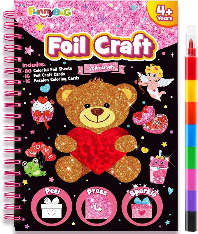 FUNNYB&G Foil Art Craft for Kids - Valentine's Day Crafts Gift 2026 Party Favors Classroom Gift Exchange Art Supplies Creative Birthday Travel Toys for Girls Boys 4 5 6 7 8 9 Years Old(Valentine's)