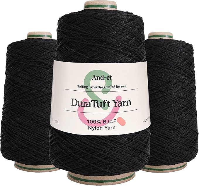 And-et DuraTuft Yarn 45 Vibrant Colors Tufting Nylon Yarn Pack - Ideal for Crochet, Craft Projects -100% B.C.F. - 3 Cones x 1.66lbs -180yards -Perfect for Rug Weaving and Knitting (44 Black)