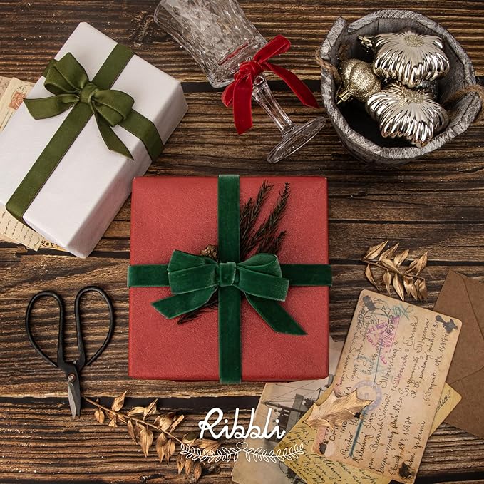 Ribbli Polyester Moss Green Velvet Ribbon,5/8 Inches Continuous10-Yard Spool,Christmas Ribbon for Gift Wrapping,Floral Bouquets, Home Decor