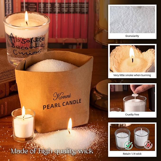 KONNI Pearled Candles Sand and 15 Wicks Making Kit, Soy Wax Beads for Candles, Non-Toxic Refillable DIY White Pearled Candle Sand for Home Decor, Gifts, Weddings, Party (0.66 lb)