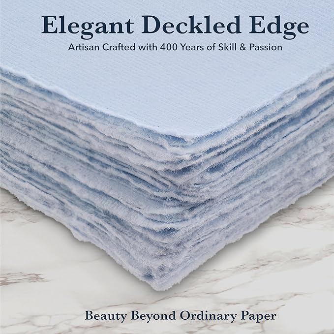 Wanderings A5 Handmade Deckled Edge Cotton Paper - Cold Pressed Texture - Paint, Watercolor, Writing, Printer - Cards, Invitations, Menus, Arts and Crafts. 50 Pack Blue150gsm - 5.8" x 8.3"