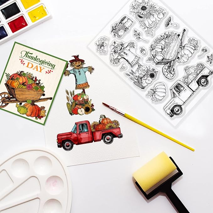 ORIGACH Autumn Harvest Clear Stamps, Autumn Pumpkin Scarecrow Pickup Sunflower Leaves Transparent Silicone Stamps for Card Making Thanksgiving Scrapbooking Journal Crafting 6.3x4.3inches