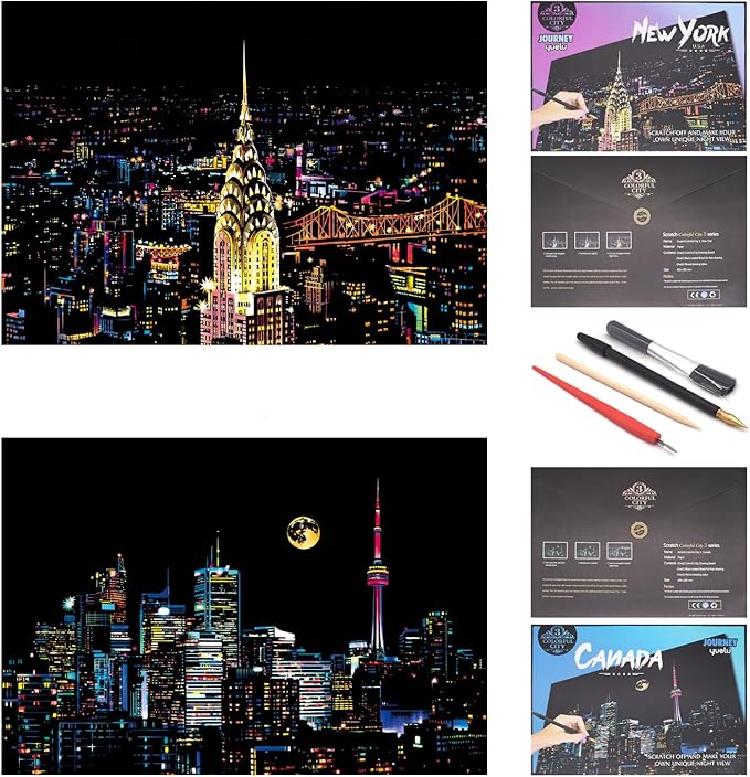 DESINIK Scratch Painting Art for Adults & Teens - 2 Sheets Rainbow Scratch Painting Kit, Scratch Painting Foil Art for Adults, Stress Relief Adult Craft Kits A3(New York & Canada)