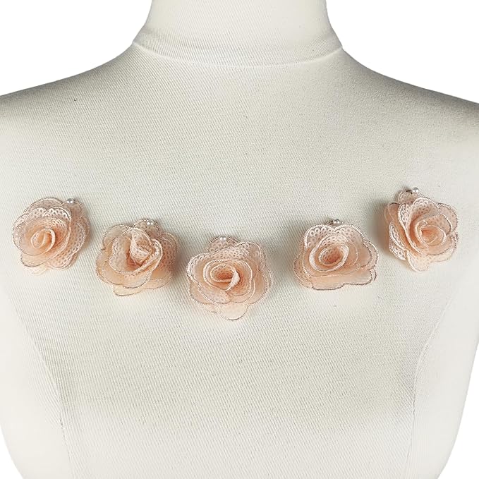 5 PC Rose Flower Sequins Lace Embroidery Patch Applique Trim Wedding Dress DIY Sewing Craft Clothes Applique, 1.6 Inch, Champagne