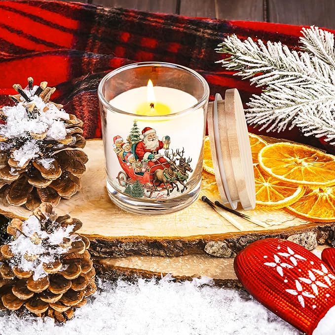 Ziliny 10 Pcs Vintage Christmas Glass Candle Jars Empty Containers Bulk 7 oz Glass Jars with Cork Lids Tins for Christmas Holiday Candle Making Storing Biscuits Tea Party Favors