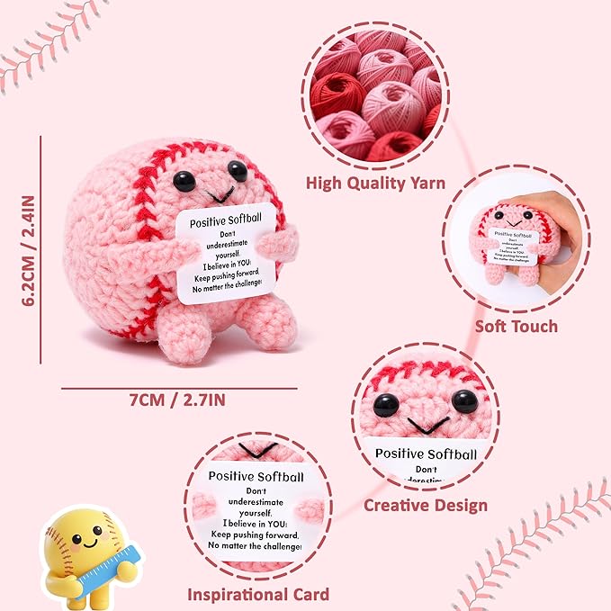 Mini Funny Positive Softball Gifts for Girls, Knitted Wool Softball Crochet Toy with Positive Card, Creative Cute Emotional Support Cheer Up Keepsake Gift for Kids Girls Women Friends Sister College