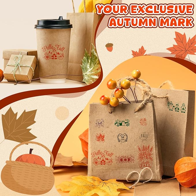 Marspark 22 Pcs Fall Wooden Rubber Stamps and Craft Ink Pads Set Mixed Fall DIY Craft Cards Wooden Rubber Stamps for Party Scrapbooking Cards Making Supplies Gift Decor