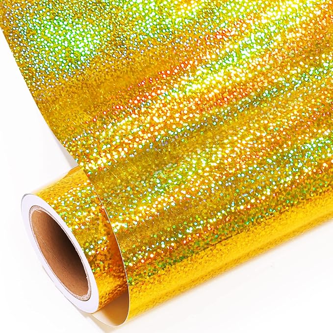 GIRAFVINYL Holographic Gold Glitter Vinyl - 12" x10ft for DIY Crafts, Signs, Home and Car Decal
