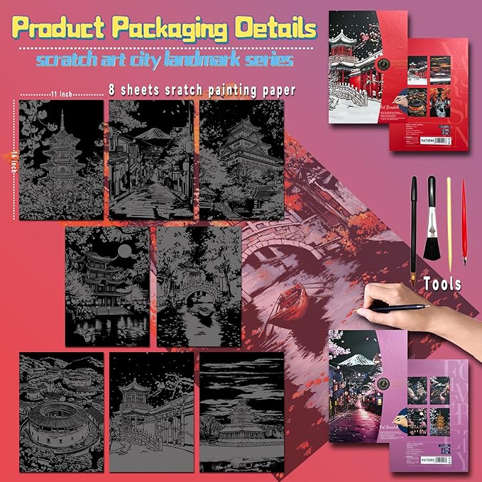 Scratch Art for Adults-Laser Scratch Painting Craft Kit (8 Sheets 16x11 in)|Foil Engraving Art Set|Stress Relief Gift for Travel Lovers,Craft Lovers|Creative Scratch Art Home Decor(Asian Series)