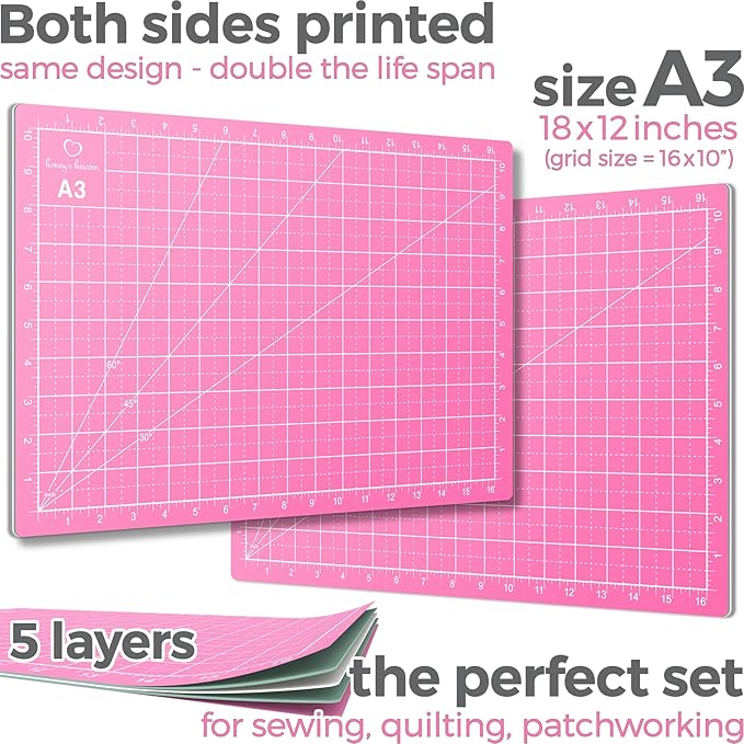 Rotary Cutter Set pink - Quilting Kit incl. 45mm Fabric Cutter, 5 Replacement Blades, A3 Cutting Mat, Acrylic Ruler and Craft Clips - Ideal for Crafting, Sewing, Patchworking, Crochet & Knitting y