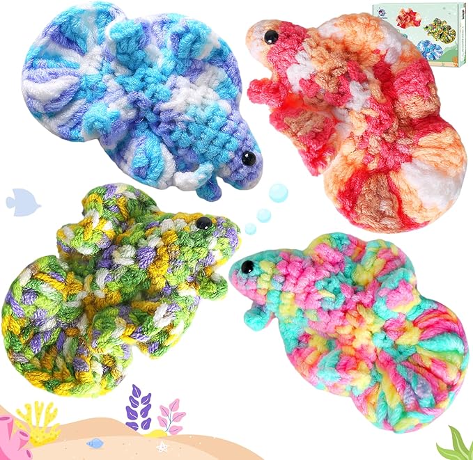 Crochetta Crochet Kit for Beginners, Crochet Starter Kit w Step-by-Step Video Tutorials, Beginner Crochet Kit for Adults Kids Women Men Complete Kit Included (4 Betta Fish Family)