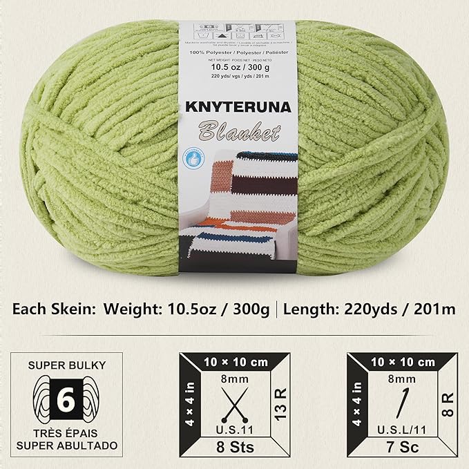 #6 Super Bulky Blanket Yarn for Crocheting - 4 Skeins(Each 10.5oz/300g, 220yds/201m), Chunky Chenille Thick Plush Big Soft Yarn for Crocheting Knitting Blankets, Lemon Lime