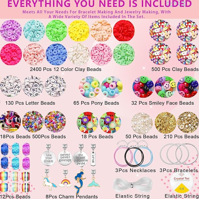 3900 Pcs Girls Bracelet Making Kit, Beads Jewelry Making Kit, Unicorn/Mermaid DIY Crafts Birthday Christmas Gifts with Organizer Box for Friendship Bracelets kits, Girls Ages 5 6 7 8-12 Years Old