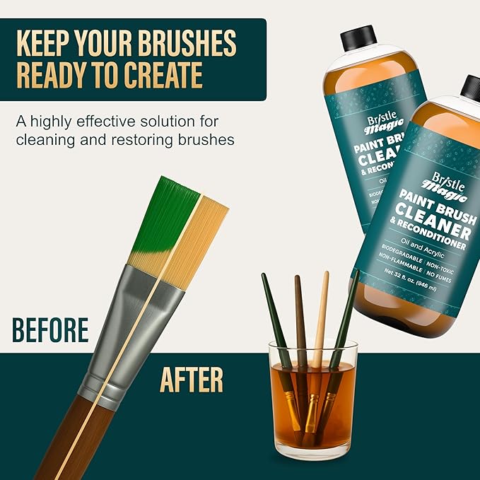 Oil Paint Brush Cleaner and Restorer-Paintbrush Cleaner for Acrylic, Oil, and Glass Paints-Biodegradable, Non-Toxic, Odorless, Eco-Friendly, Quick-Clean Formula Paint Remover (32 Fl Oz)