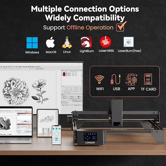 Longer RAY5 New Upgrade Laser Engraver, Laser Cutter 20W Output Power, Engraving Speed Up to 24,000 mm/min, 3.5” Color Touch Screen, App Offline Control, DIY Engraver Tool for Metal/Glass/Wood