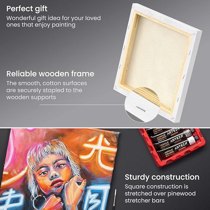 ARTEZA Stretched Canvas, 10 x 10 Inches, Pack of 8, Blank White Square Canvas for Painting for Acrylic, Oil and Gouache Paints