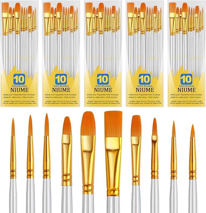 Acrylic Paint Brushes Set, 50Pcs Round Pointed Tip Artist Paintbrushes for Acrylic Painting Oil Watercolor Canvas Boards Rock Body Face Nail Art, Halloween Pumpkin Ceramic Crafts Supplies，White