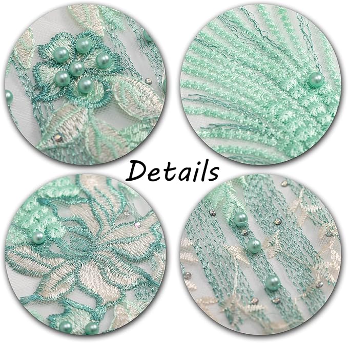 Beaded Pearl Flower Fabric Lace Applique, Floral Embroidered Patches Handmade Sewing Tool for DIY Neckline Bodice Wedding Bridal Prom Dress(Green-Small)