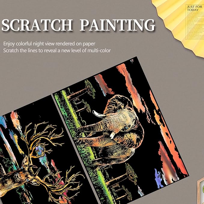 DESINIK Scratch Painting Art for Adults & Teens - 2 Sheets Rainbow Scratch Painting Kit, Scratch Painting Foil Art for Adults, Stress Relief Adult Craft Kits A3(Deer & Elephant)