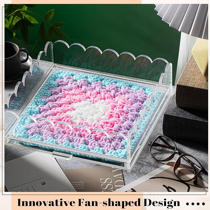 1 Pcs Acrylic Scalloped Tray Large Clear Acrylic Tray with Drawer for Insert Customizable Photos, Art, and Fabric Scalloped Basket for Needlepoint Napkin Frame Display Messages (12" X 12")