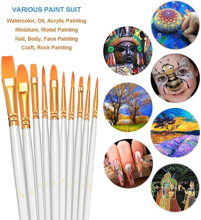 BOSOBO Paint Brushes Set, 6 Pack 60 Pcs Round Pointed Tip Paintbrushes Nylon Hair Artist Acrylic Paint Brushes for Acrylic Oil Watercolor, Face Nail Art, Miniature Detailing & Rock Painting, White