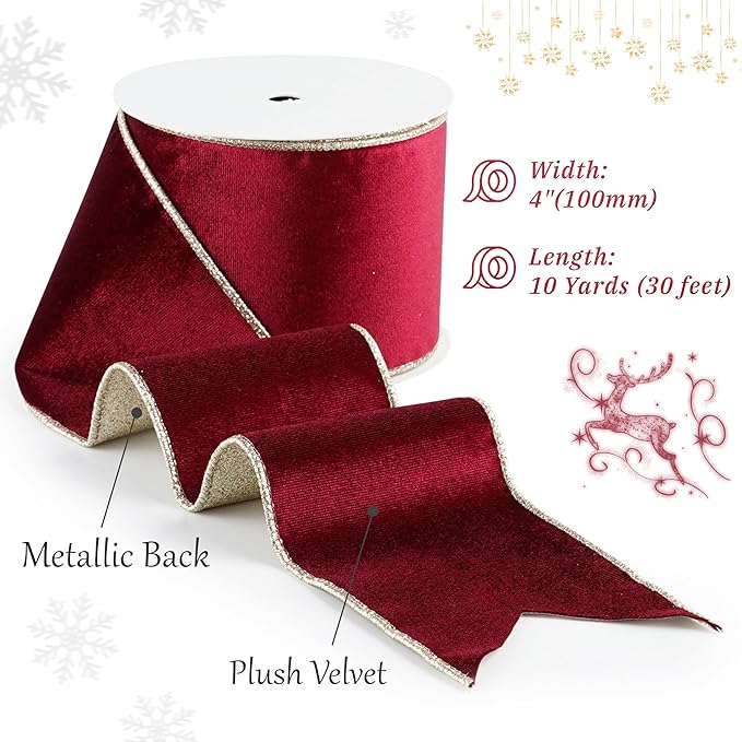 Burgundy Velvet Wired Ribbon with Glitter Back 4 Inch Burgundy and Gold Christmas Ribbon Wired Ribbon for Christmas Tree, Gift Wrapping, Mantel, Wreaths Supplies, Topper Bows (10 Yards)