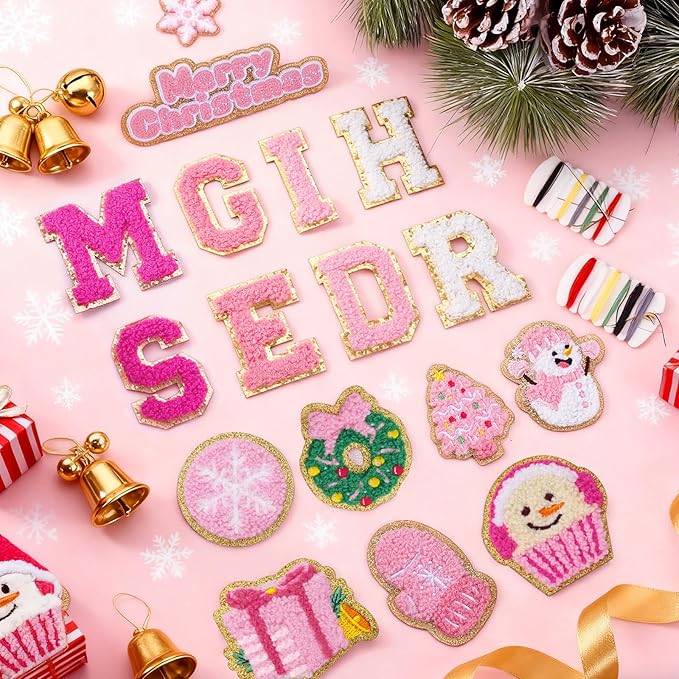 154 Pcs Pink Christmas Patches Chenille Christmas Letter Patches Self Adhesive Embroidered,Include 104 A-Z Letters Patch Stickers,50 Winter Snowflake Snowman Wreath Stick on Patch for Backpacks