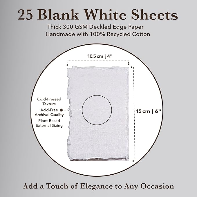 Wanderings White Thick Handmade Deckled Edge Cotton Paper - Cold Pressed Texture - Paint, Watercolor, Drawing, Writing, Cards, Invitations, Menus, Arts and Crafts. 25 Pack White 300gsm - 4" x 6"