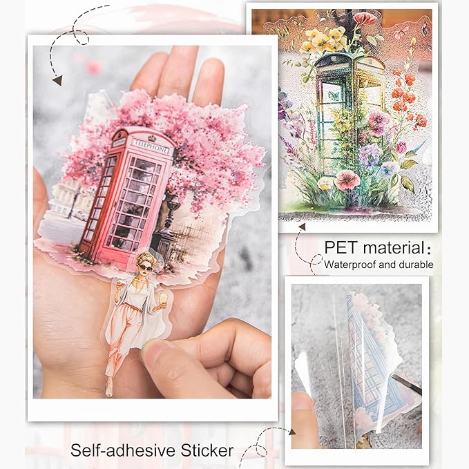 Telephone Booth PET Sticker Set, 80PCS Vintage Street Scene Stickers for Scrapbooking, Journaling, DIY Crafts, Planner Decoration, and Aesthetic Collage