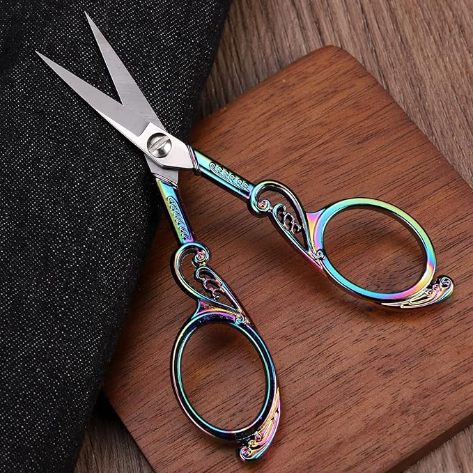 Detail Embroidery Scissors – Small Sharp Pointed Tip Shears for Sewing, Craft, Artwork, Needlework Yarn, Thread Snips, Handicraft DIY Tool, 4.5in Rainbow Vintage Style